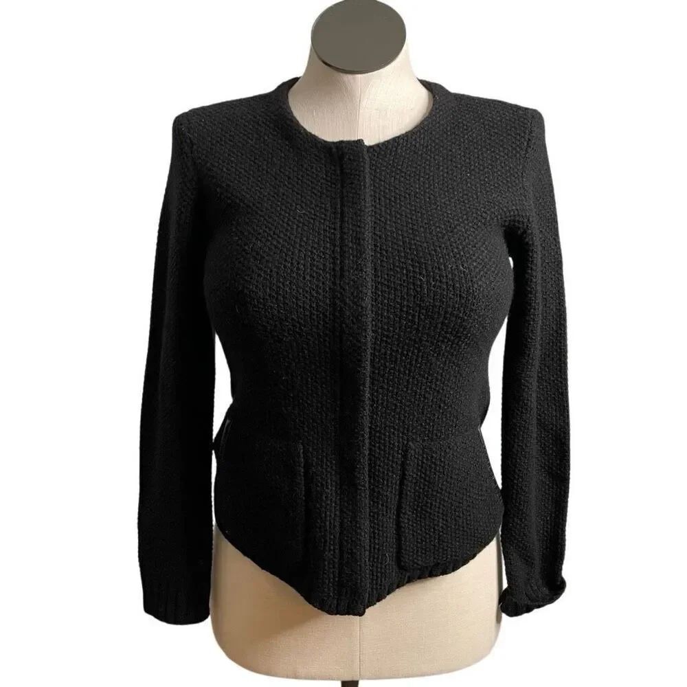 Eileen Fisher Womens Yak Wool Blend Bubble Stitch Cardigan XS Leather Trim